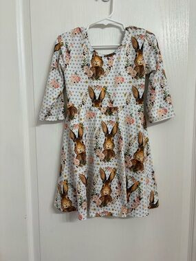 Girls White Bunny Floral Polka Dot Swing Dress Crew Neck Size 3T